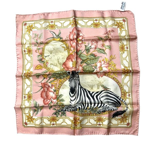 Salvatore Ferragamo Other - FERRAGAMO: Pink Floral & Zebra  Logo Silk Bag Scarf/Pocket Square 16" x 16" #135